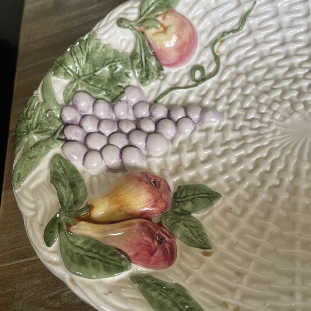 Vintage Lattice Majolica Porcelain Fruit Basket Pears Grapes Oval Bowl - Picture 2 of 6